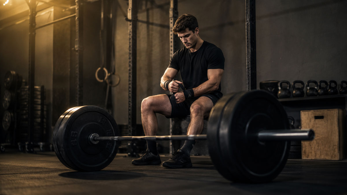 Open gym training athlete checking workout plan on phone